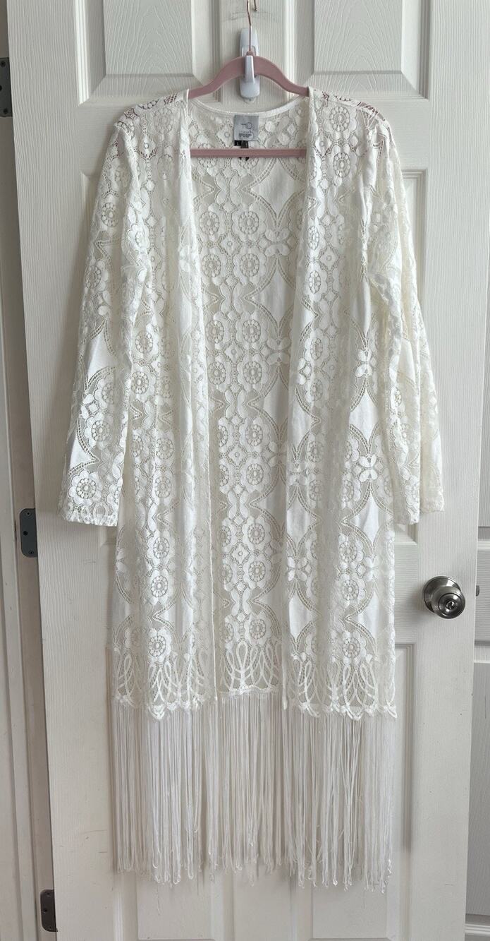 HD IN PARIS Anthropologie White Lace Fringe Open Front Duster Cardigan Sz L